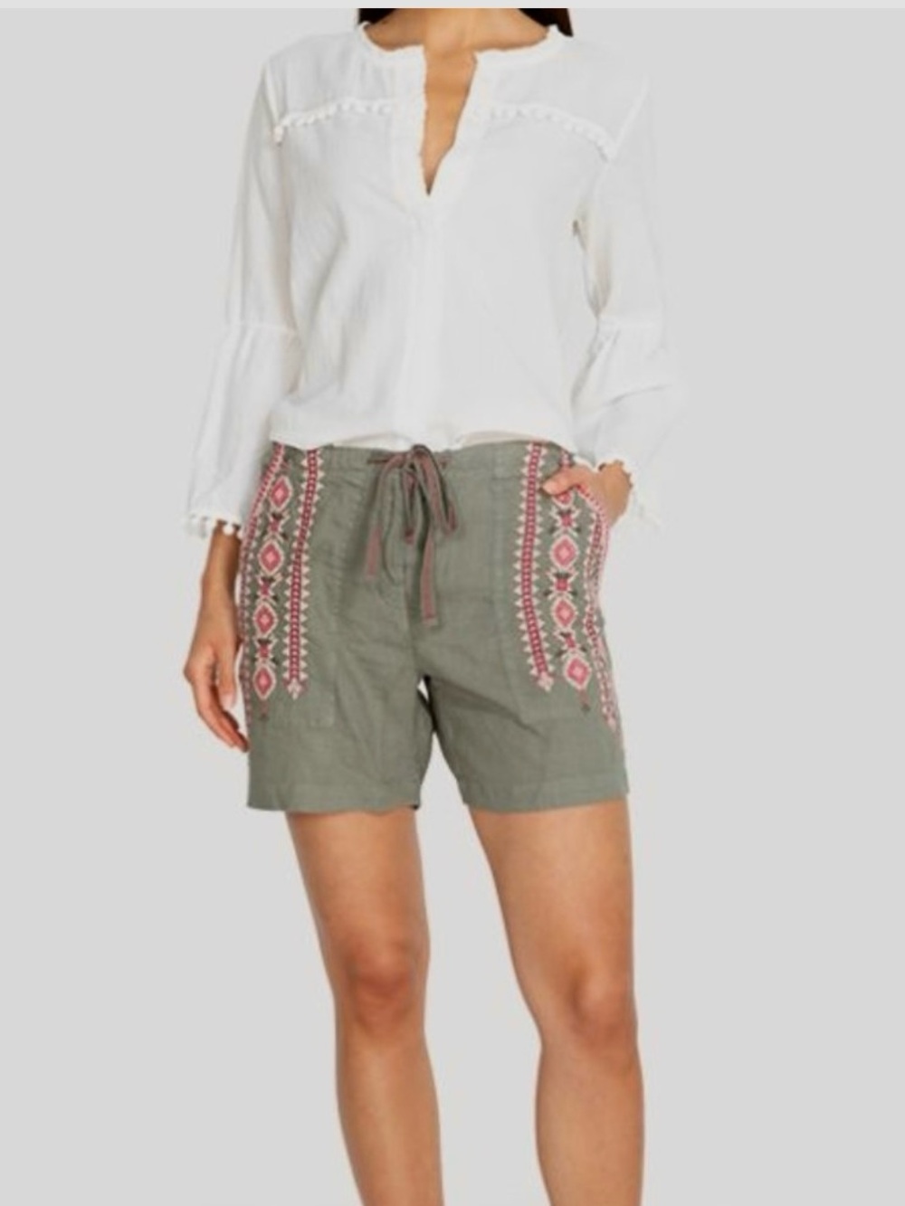 Johnny Was Olive Green Sabriya Embroidered Drawstring Linen Shorts with Pockets